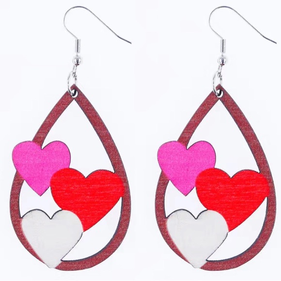Valentine's Day Love Hearts Wooden Drop Dangle Earrings - Picture 3 of 11